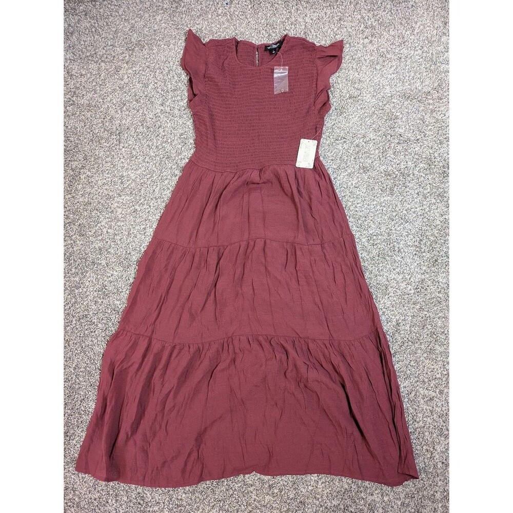 Sweet Wanderer Tiered Midi Dress Size Large Women's Short Sleeve Mauve Lined